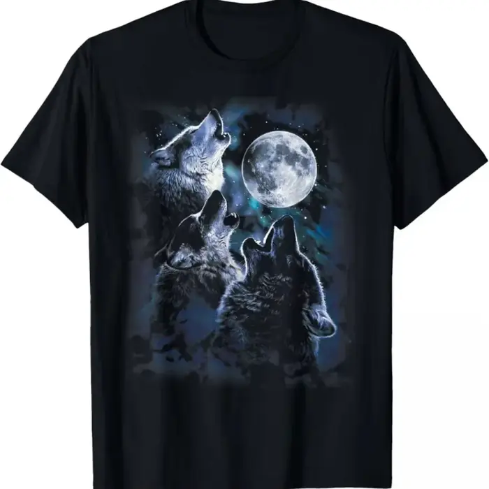 T-shirt bohème pour homme avec motif loup hurlant sur la lune, col rond noir, coupe décontractée, idéal pour les activités de plein air