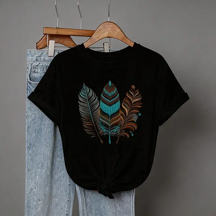 T-shirt décontracté pour femmes, imprimé géométrique artistique avec motif vintage turquoise et marr