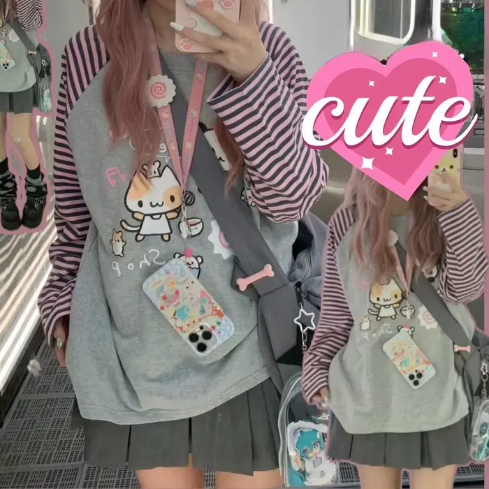 Japon Kawaii doux femmes T-Shirt col rond rayure Patchwork à manches longues dessin animé imprimé pu