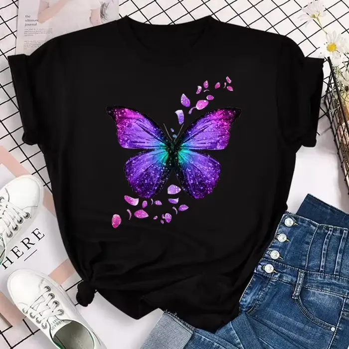 Nouvelle mode femmes T-shirt coloré papillon pétale imprimé à manches courtes et col rond mignon graphique t-shirts femm