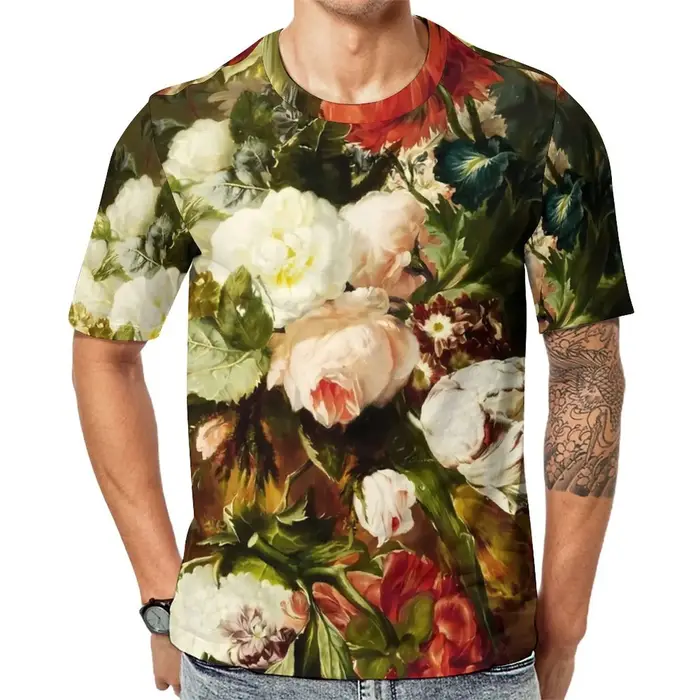 T-Shirt à Col Rond pour Homme, Imprimé de Fleurs, Peinture à l'Huile Originale, Décontracté, à la Mo