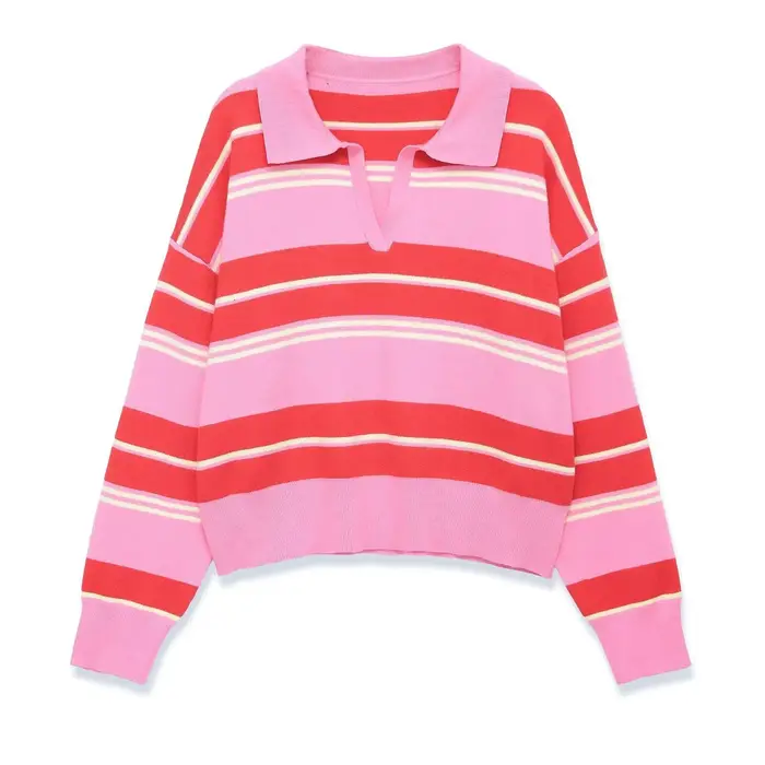 Polo à manches longues en tricot rayé pour femme