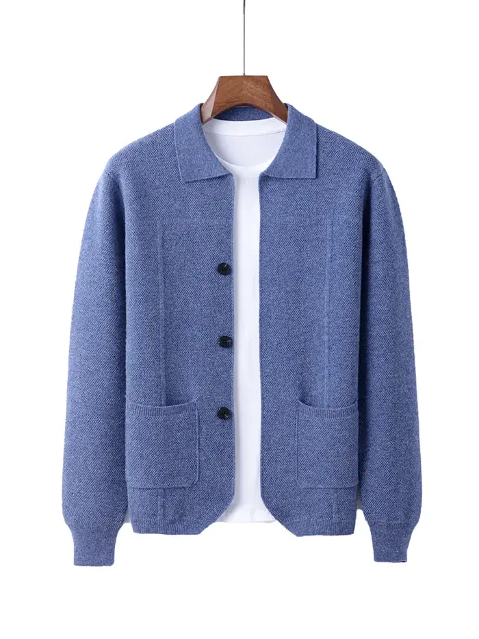 Cardigan Triblockchain en Laine Mérinos pour Homme, Col à Revers, Épais, Solide, Document Polo, Chem