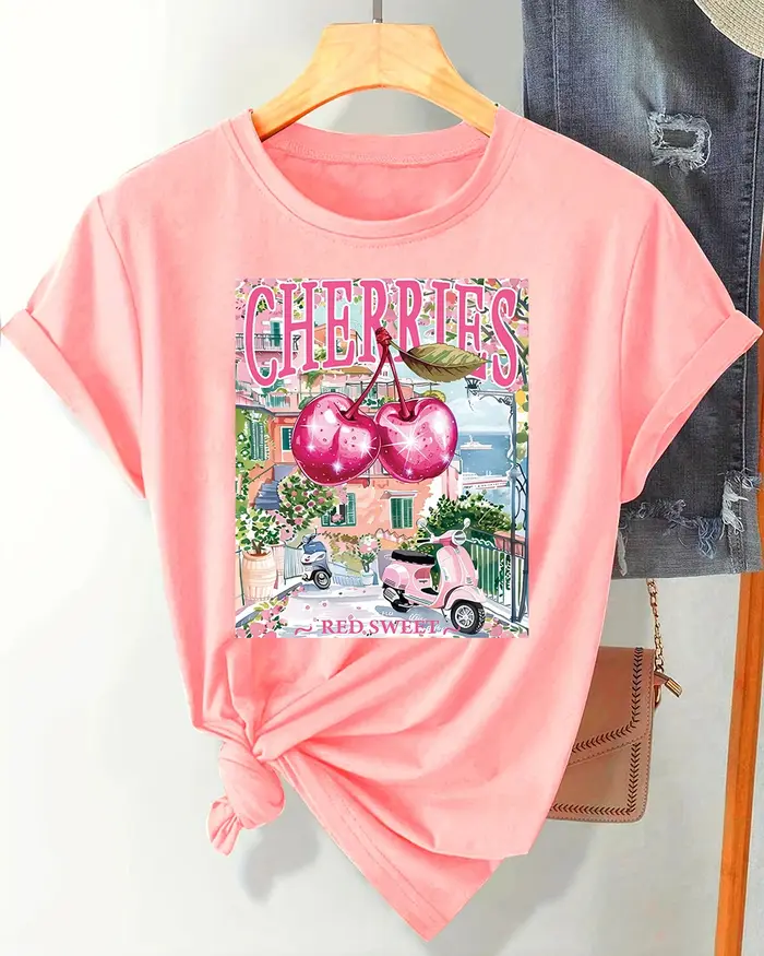 Cerises rouge doux Design rétro femmes T-Shirts été tout-Match à manches courtes confortable haut mi