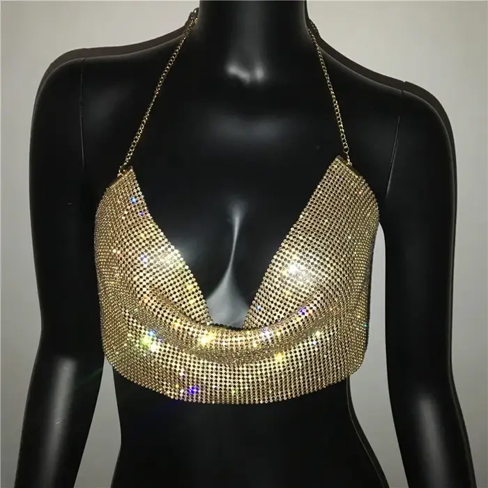 Camisole dos nu à col en V profond pour femme, biscuits brillants, précieux, court, fête rave, boîte
