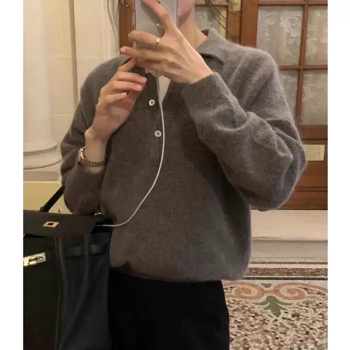 Pull POLO élégant à revers avec boucle 100 pur cachemire