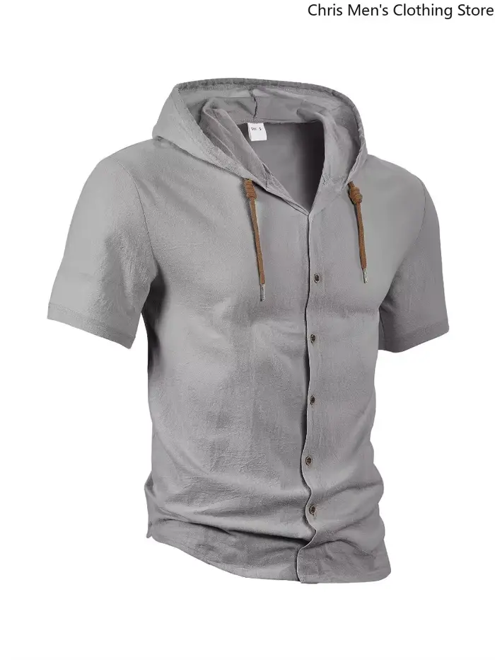 Chemise à capuche à manches courtes en lin pour hommes-T-Shirt de vacances léger et confortable haut vêtements pour hommes