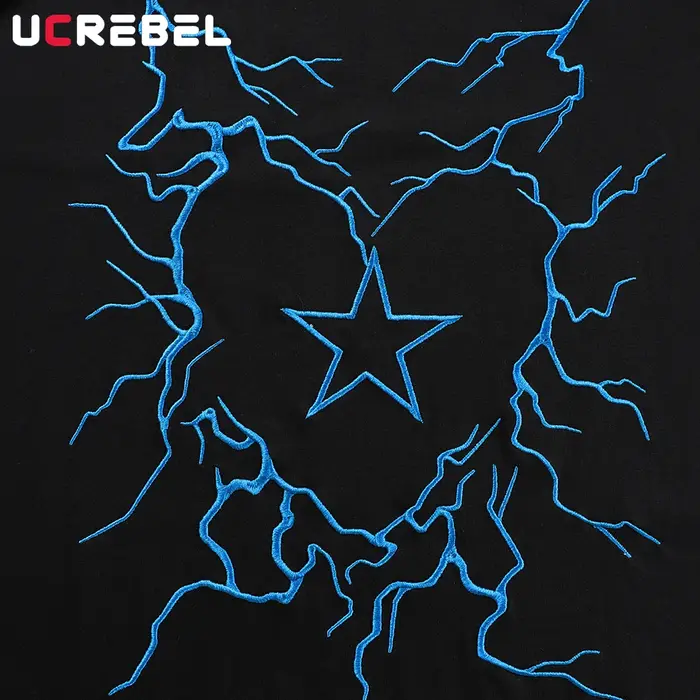 Lightning coeur broderie à manches courtes T-shirt hommes été haute rue col rond demi