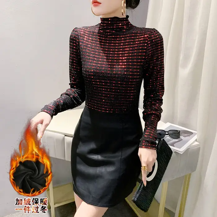 T-shirt extensible à paillettes pour femmes, col mi-haut, manches longues, bas, vêtements pour femmes, mode automne et hiver, nouveau