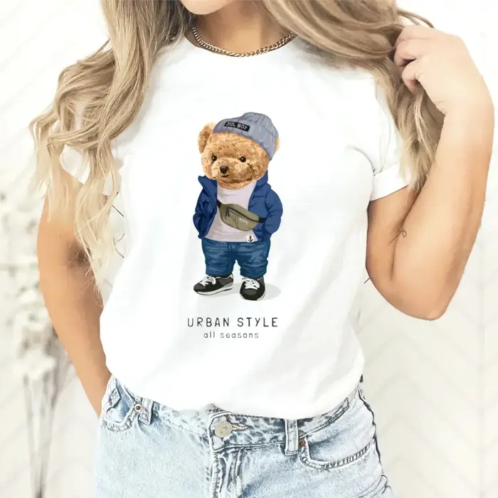Nouveau Couple ours en peluche imprimé T-shirt Europe et états-unis mode col rond haut femme hauts surdimensionné