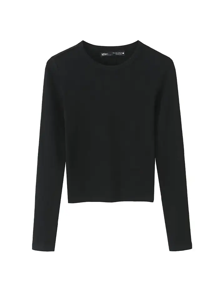 T-shirt Femme Printemps Mode Casual Slim Style Urbain Élégant Col Rond Manches Longues Chic Uni 3 Couleurs Hauts Courts