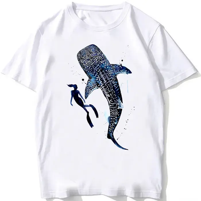 Super mignon tortue de mer baleine requin aquarelle T-Shirt unisexe hommes t-shirts été plage plongée blanc