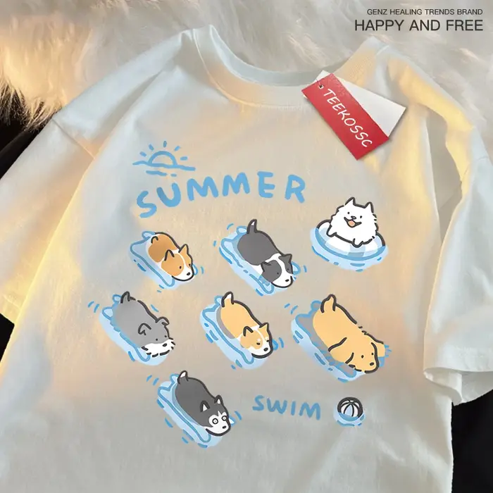 T-shirt de style japonais amusant pour la natation, chat et chien, t-shirts d'été décontractés pour femmes, t-shirt en coton respirant à la mode