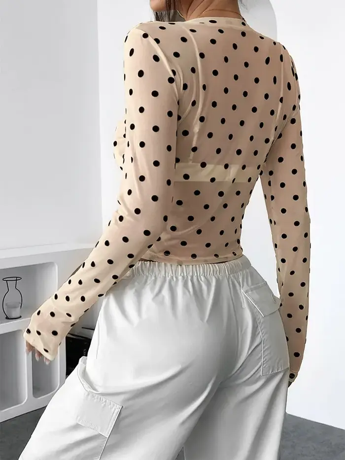 Femmes à pois à manches longues hauts en maille Sexy voir à travers des chemisiers transparents chemises sortie haut