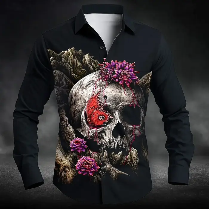 Chemise boutonnée à manches longues pour hommes, imprimé Floral, fleurs de roses, Style gothique fon