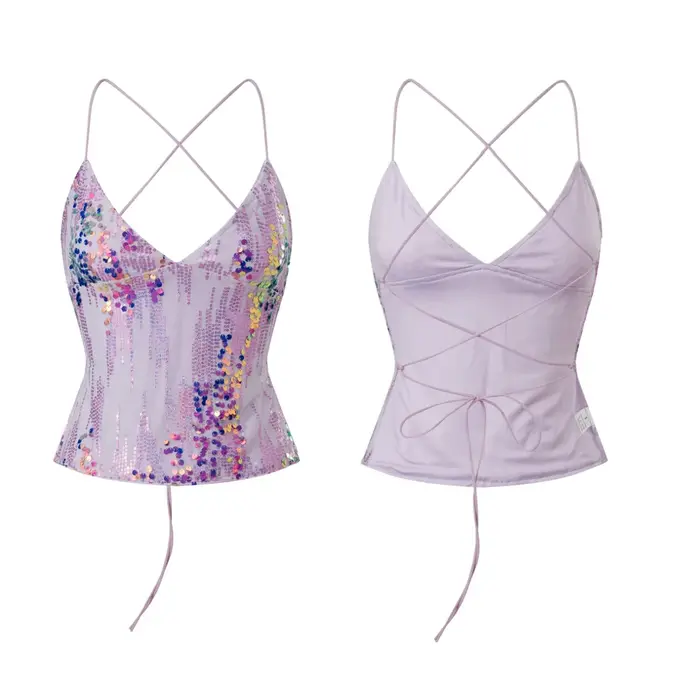 Débardeur à paillettes pour femmes, Camisole d'été à la mode, dos nu, sans manches, bretelles Spaghe
