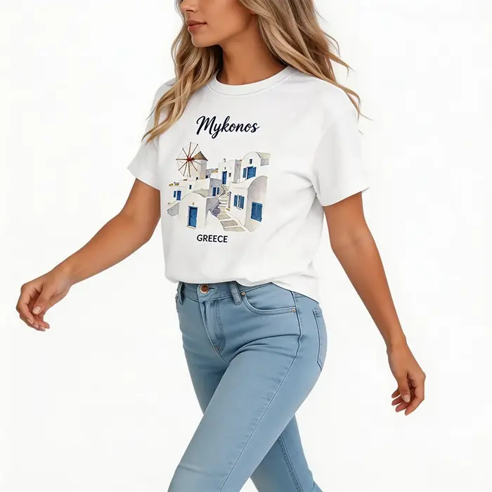 T-shirt décontracté à manches courtes pour femmes avec imprimé Santorin Grèce