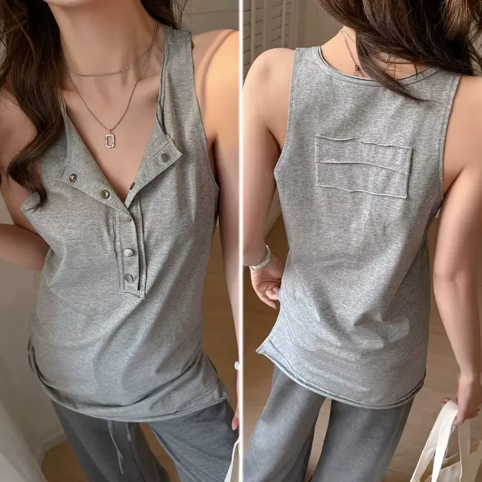 Débardeur en coton à col Henley pour femme