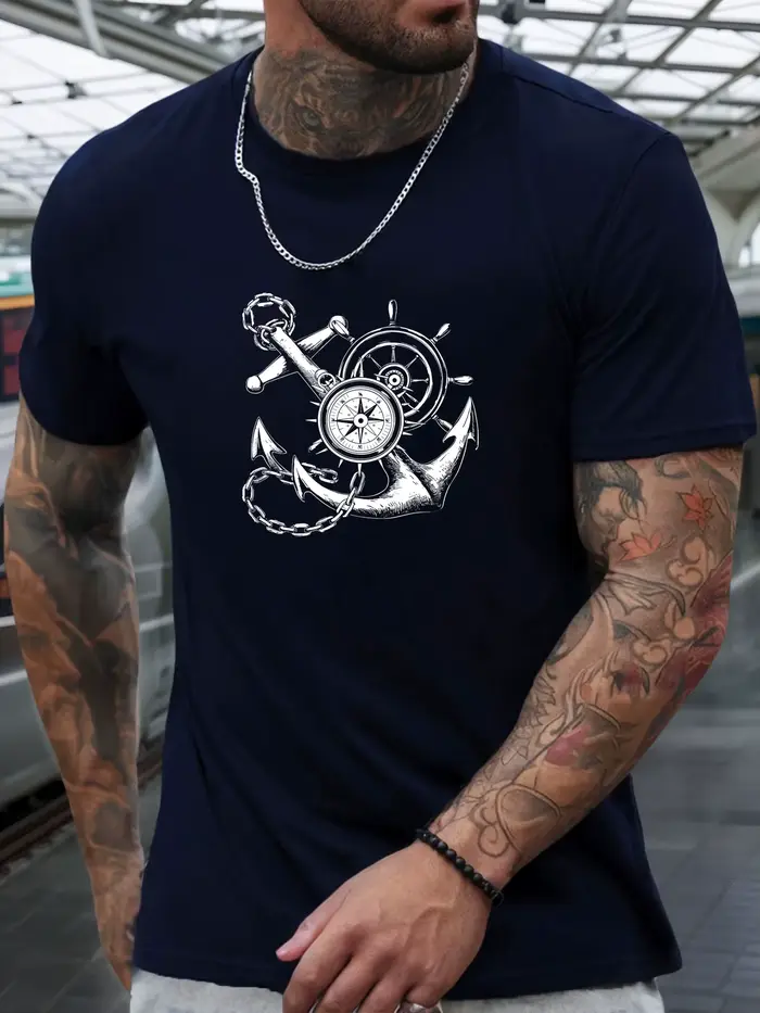 T-shirt d'été décontracté à manches courtes pour hommes avec un motif d'ancre de bateau et de boussole