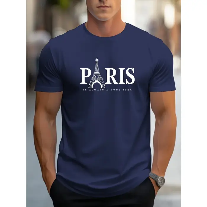 T-shirt à motif Tour Eiffel de Paris pour hommes - Col rond décontracté