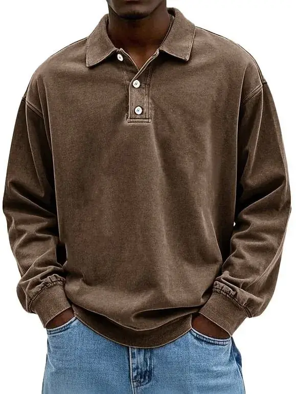 Nouveau T-shirt Polo Homme 2026 à Manches Longues, Effet Vieilli Lavé
