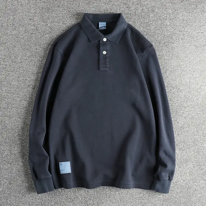 Polo rétro américain à manches longues pour hommes, revers solide, simple, lavé, vieux, décontracté,