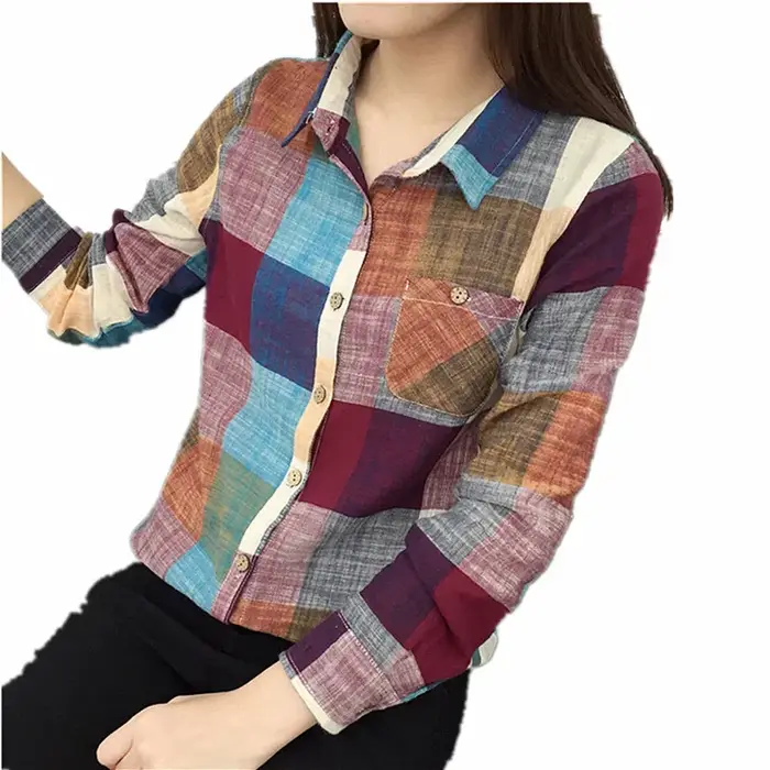 Chemise à carreaux en coton et lin pour femmes
