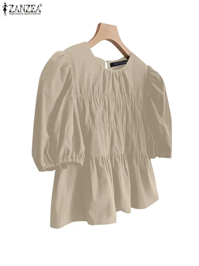 ZANZEA femmes chemisier à volants à manches courtes été hauts 2025 décontracté couleur unie tunique femme col rond plissé Blusas surdimensionné