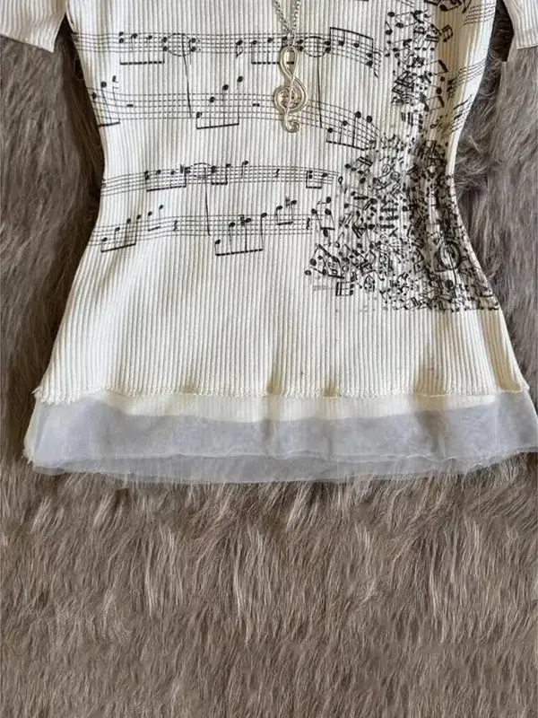 Coréen 2000s Punk Goth filles graphique hauts épaules nues Sexy dentelle coton t-shirts mignon motif de musique Y2K
