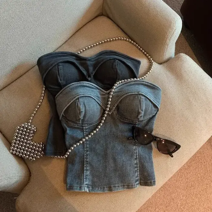 Débardeurs de mode américaine avec soutien-gorge intégré tout-puissant décontracté Denim haut Corset femmes jean Camis hauts Spaghetti sangle livraison directe