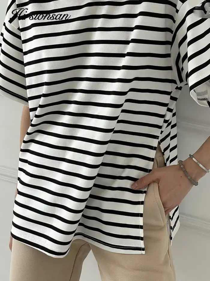 Hirsionsan – t-shirt oversize 100% coton pour femme, ample, rayé, fendu, décontracté, basique, été,