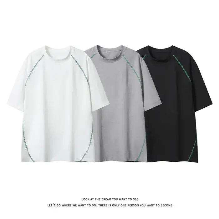 T-shirt homme été tendance ample style vintage américain manches courtes col rond polyvalent couple contrastant surpiqué