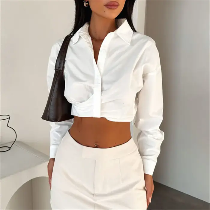 Hirigin femmes recadrée boutonné chemises mode revers col en v à manches longues couleur unie hauts printemps automne Blouse Streetwear