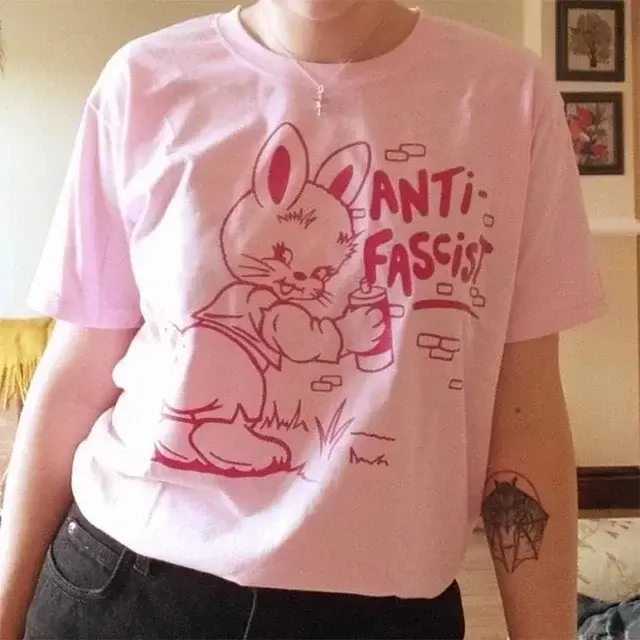 T-shirt manches courtes femme, humoristique et décontracté, en coton, avec lapin imprimé, anti-fasci