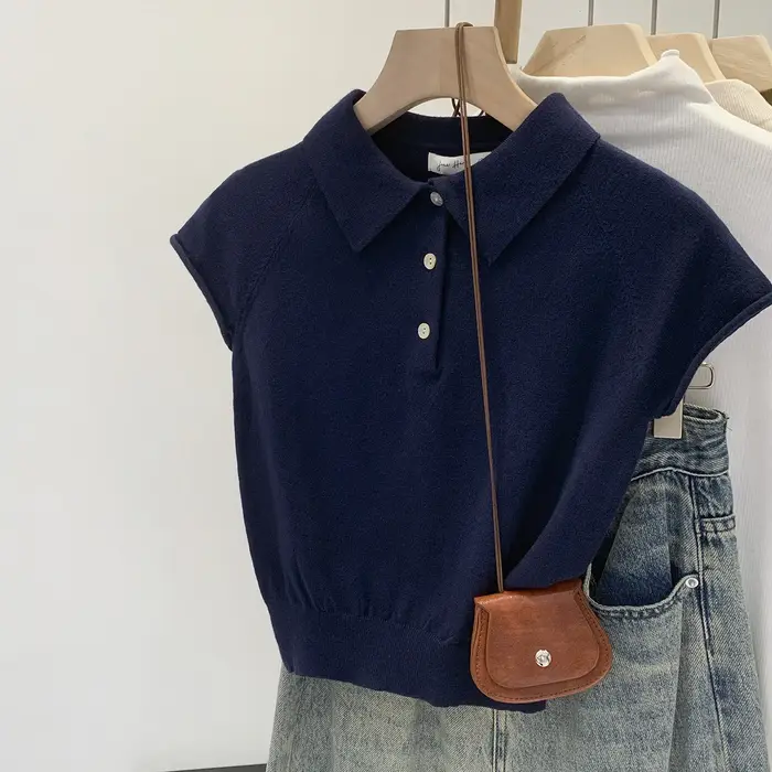 T-shirt en maille à col polo et manches courtes pour femme, gris uni, demi-boutons sur le devant, extensible, léger, décontracté, été, manches courtes