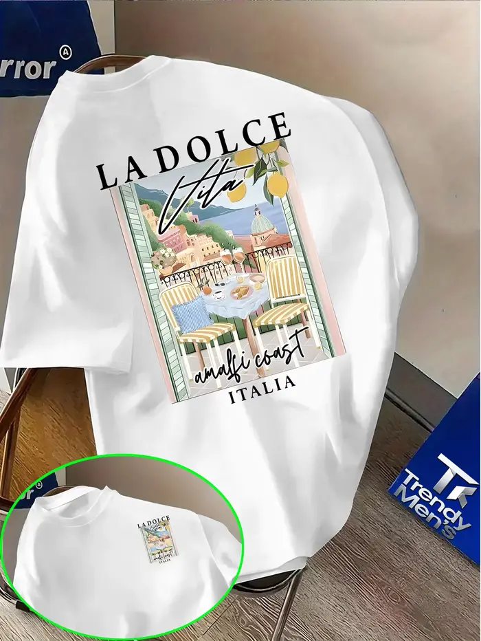 T-shirt pour homme en coton 100% avec imprimé La Dolce Vita Amalfi Coast pour l'été
