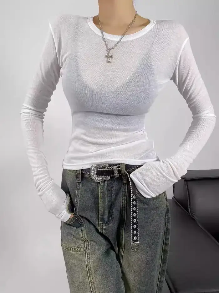T-shirt semi-transparent ajusté à col rond pour femme, manches longues