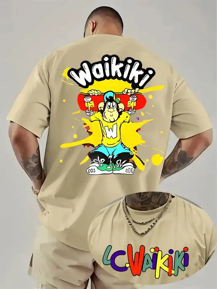 Waikiki T-shirt graphique pour hommes Bold Back Print Streetwear Tee Texture confortable