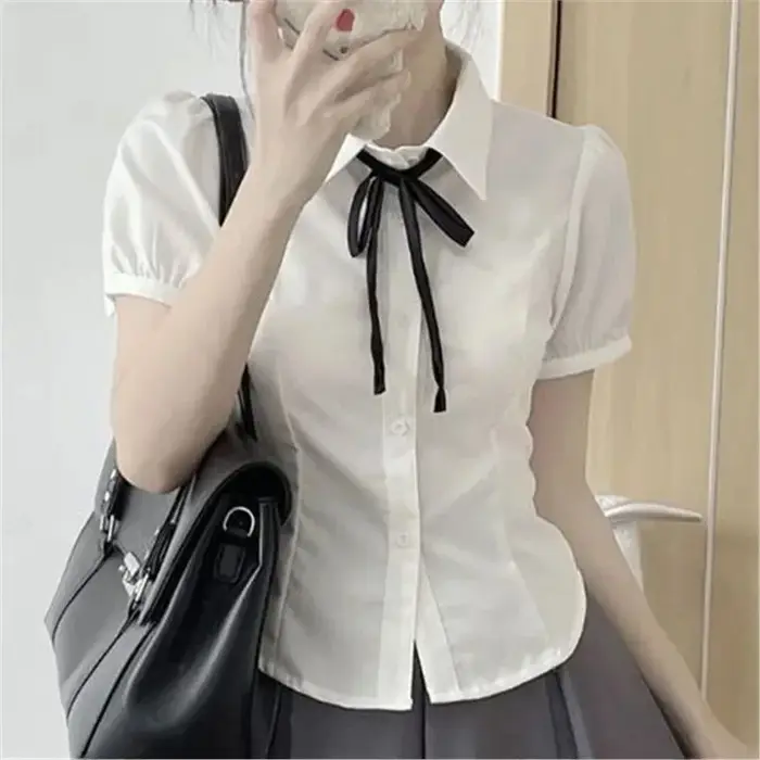 Haut court pour femmes, uniforme JK, manches bouffantes, chemise ajustée à la taille, Style Preppy,