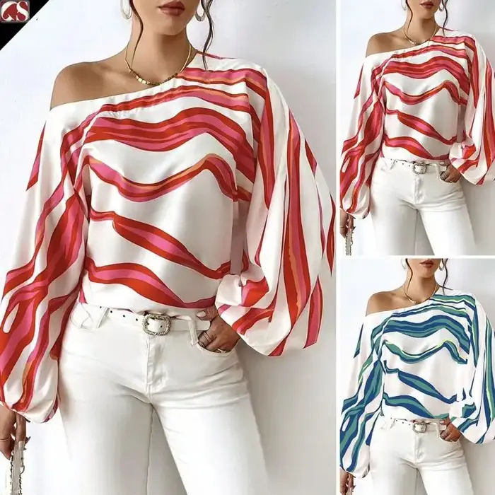 Mode à manches longues Sexy épaules nues chemises femmes Slash cou imprimé Blouses décontractées en vrac
