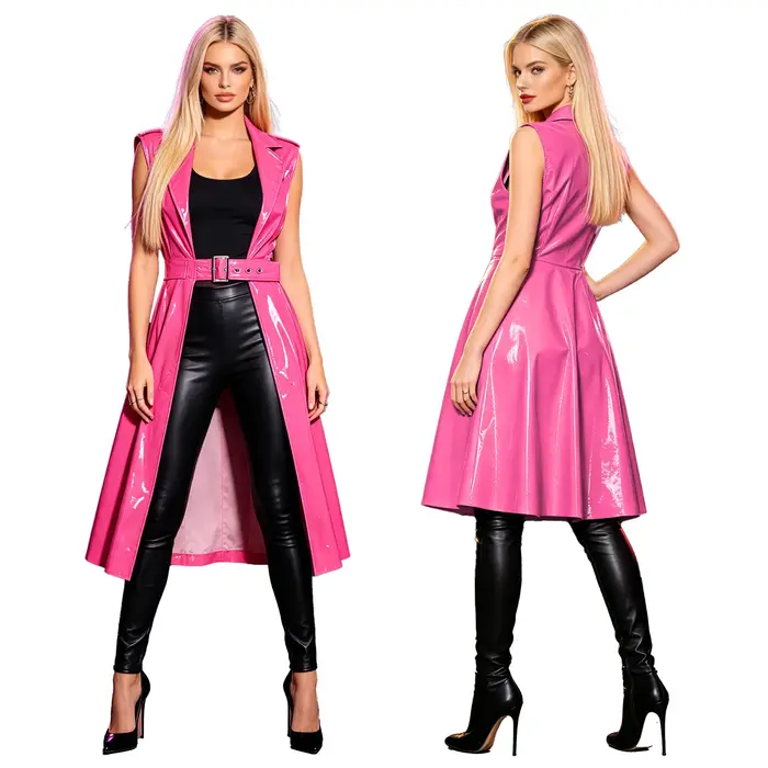 Blazer trench-coat sans manches en PU brillant pour femme