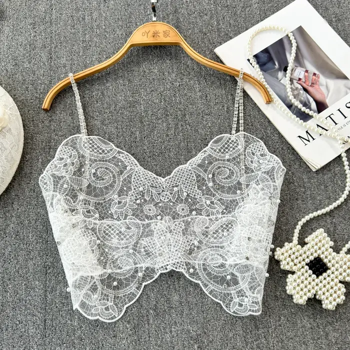 Haut court en dentelle transparente pour femme