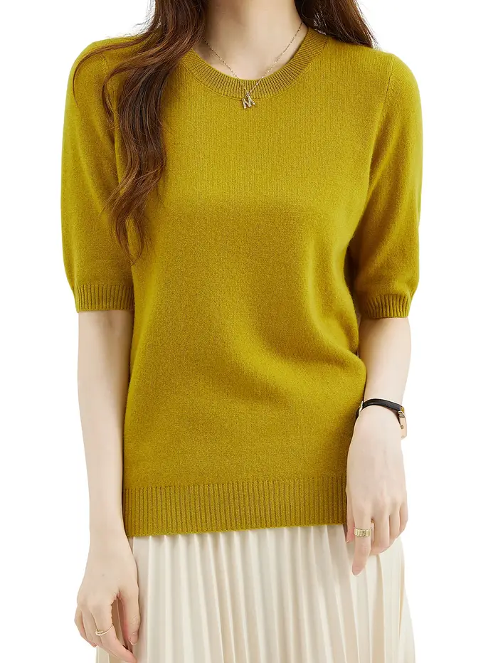 Pull ras du cou en laine mérinos pour femme, pull à manches courtes, pulls en tricot, vêtements fémi