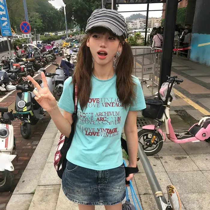 Karrram japonais Y2k lettre impression T-shirt Trashy 2000s Style haut court Vintage Harajuku manche