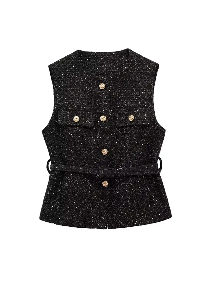 Gilet en Tweed avec ceinture pour femmes, col rond, sans manches, bouton sur le devant, vêtements d'extérieur pour femmes, hauts chics, à la mode