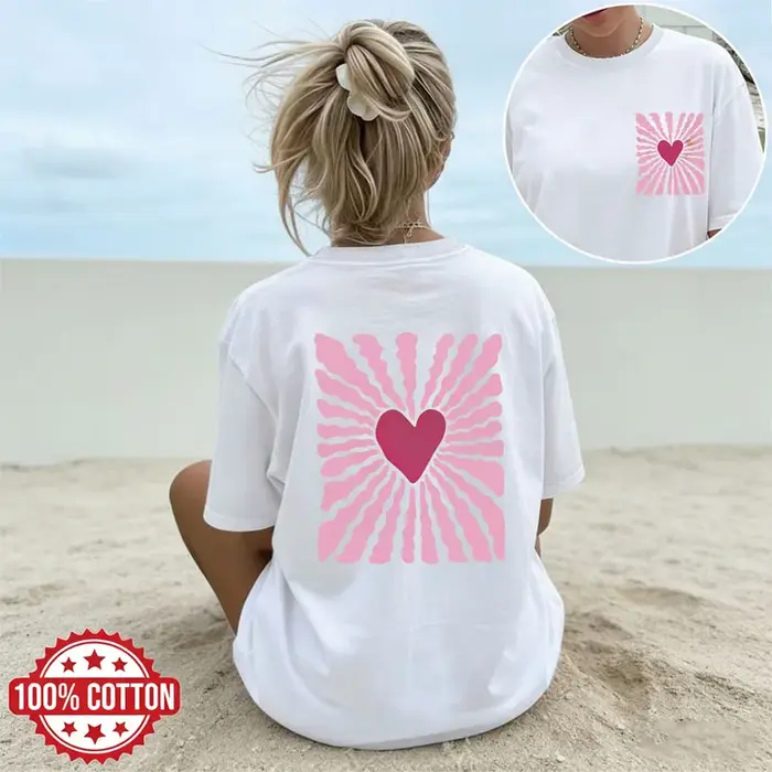 T-shirt en coton pour femme, décontracté, à manches courtes, avec motif en forme de cœur, pour l'été, vêtement de tous les jours, haut basique, tee-shirt minimaliste