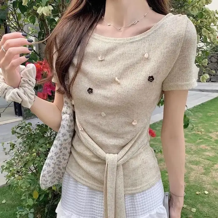 T-shirt semi-transparent à manches courtes pour femmes, nouveau Style d'été avec Style doux, sangle