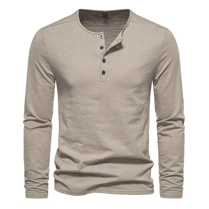 Hommes à manches longues T-shirt coton coupe ajustée chemise de fond Fitness hauts t-shirts bouton c
