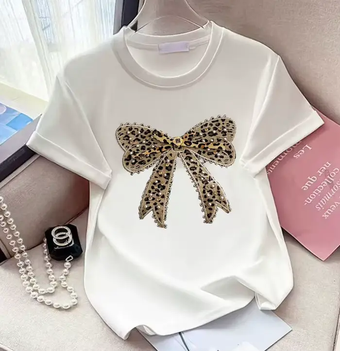 Boucle ours rose perles T-shirt lourd fait à la main Diomand brillant nœud papillon broderie