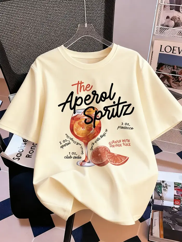Aperol Spritz citron boisson imprime T-Shirt femmes coton été à manches courtes hauts confortable ample col rond